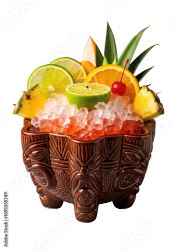 Vibrant reddish-orange Scorpion Bowl tiki cocktail with crushed ice, tropical fruits, and flame in a dark tiki bowl, isolated on a clean studio background. Exotic tropical concept