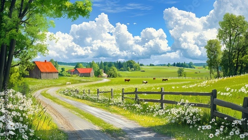 A beautiful farm with green fields, cows, and white flowers in the distance, wooden fences, red-roofed houses, a blue sky with white clouds, and trees on both sides of the road, in a cartoon style
