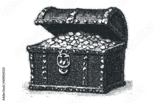 Vintage treasure chest overflowing with gold coins isolated on white