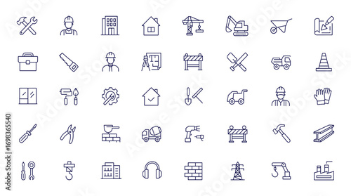 Construction, building, architecture, renovation line icons set, tools, contractor, home repair, crane, excavator, industry, blueprint, heavy machinery, engineering, project, maintenance