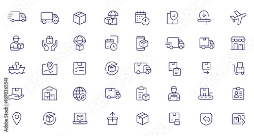 Delivery, Logistic and Shipping Icon Collection, Thin Line Courier and Package Vector Illustration, Editable Stroke, Cargo, Express Freight, Tracking, Parcel, Transportation, Distribution, Export