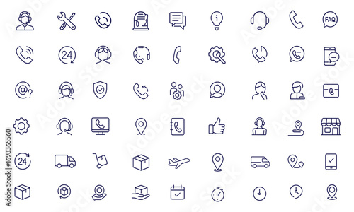 Customer support icon set, editable stroke thin line service and help icons for assistance, communication, call center, hotline, faq, contact, operator, support team, vector illustration, technology