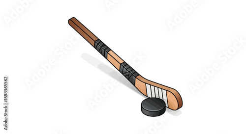 Hockey Stick and Puck Illustration with Wood Grain and Black Tape Details.