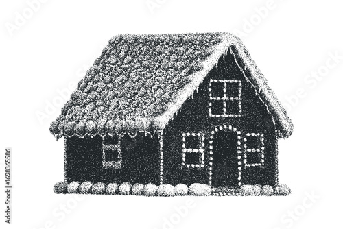Stippled gingerbread house with frosted roof and icing detail
