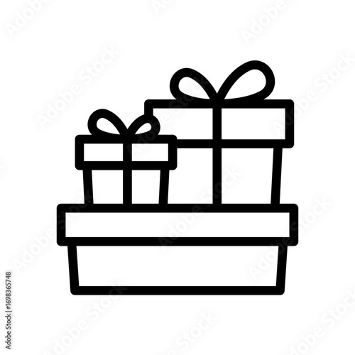 Simple line art icon of stacked gift boxes with bows, representing celebration, presents, and surprises for holidays or birthdays