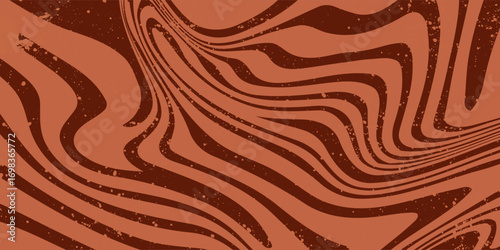 Retro coffee color background. Milk chocolate liquid dessert texture. Wavy swirl candy pattern for poster, cover, banner, pamphlet. Vintage brown trippy hippie wallpaper in 60s or 70s style. Vector