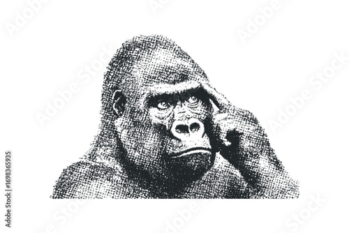 Gorilla thoughtful gesture with finger on forehead