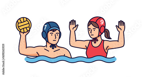 Cartoon water polo players in water male and female athletes with ball.
