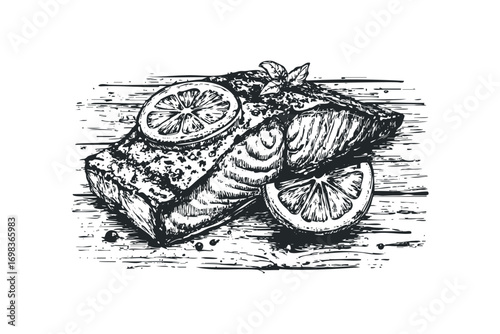 Hand drawn salmon fillet with lemon slices and herbs on wooden texture