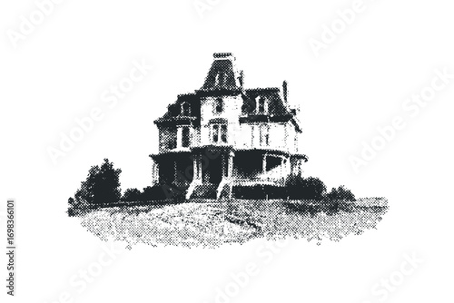 Victorian Mansion Estate on Hill Top Monochrome Halftone Graphic