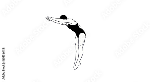 Athletic female diver in black swimsuit poised for dive.