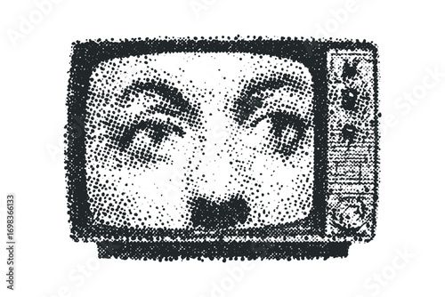 Distorted face in vintage television screen with halftone effect