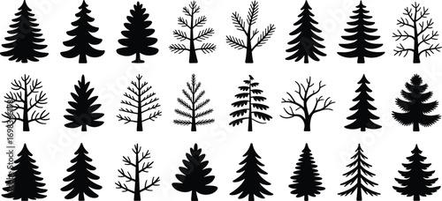 Tree silhouette set, black and white, coniferous trees, deciduous trees, bare branches, foliage shapes, botanical design, nature icons, forest elements, minimal style