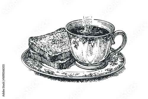 Line Drawing of Hot Coffee in Ornate Cup with Stack of Toasted Bread Slices on Saucer