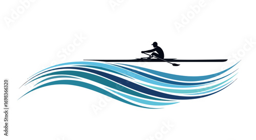 Silhouette of a Rower in a Long Rowing Boat on Water.