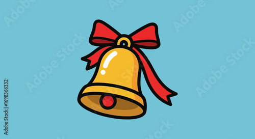Cartoon illustration of a golden bell with a red clapper and a red bow on a light blue background.