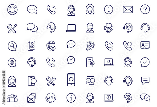 Customer support, service, and help icon set in linear style for mobile apps and websites, includes assistance, chat, call, online agent, communication, tech support, contact icons, vector