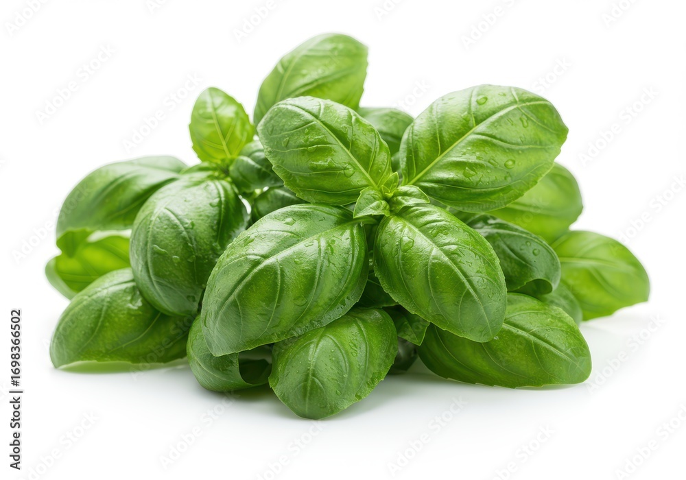 Fototapeta premium Fresh, vibrant basil leaves, glistening with water droplets, create a close-up image of culinary herbs.