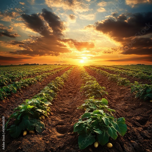 A beautiful photograph of a potato field at sunset, with rows and rows of green potatoes growing in it. The sky is full of dark clouds, and there is an orange sun setting behind them.