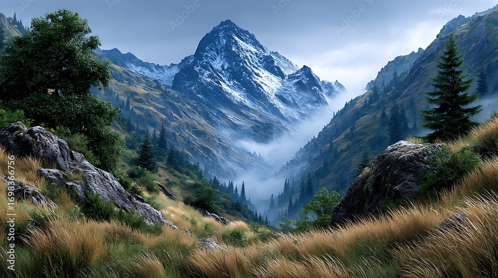 Fototapeta premium A quiet mountain valley filled with low clouds, the peaks emerging through the mist in soft light.