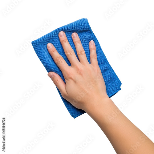 Hand with Blue Microfiber Cleaning Cloth Wiping Washing Dusting Polishing Surface Care Hygiene on transparent background