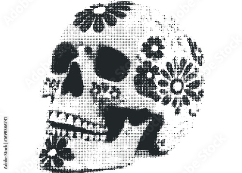 Halftone Sugar Skull with Floral Embellishments Image