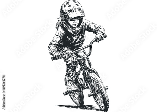 Child cyclist wearing helmet riding BMX bicycle, high contrast line art