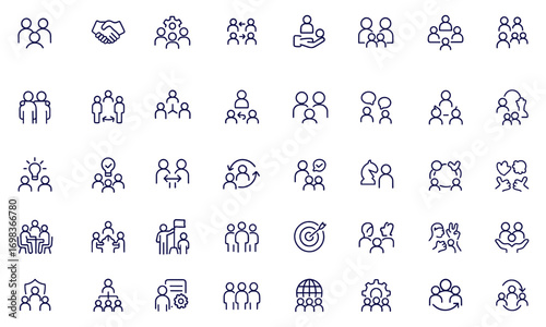 Teamwork icon set in line style for business, collaboration, cooperation, partnership, management, workplace, office meeting, communication, strategy, leadership, unity, productivity