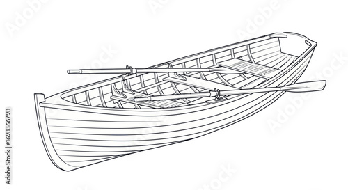 Detailed Line Art Illustration of a Wooden Rowboat with Oars.