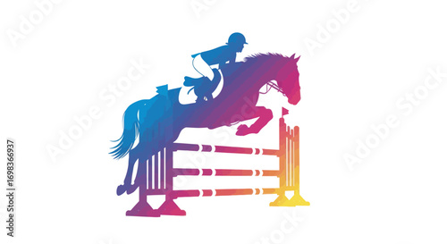 Vibrant rainbow-colored silhouette of an equestrian show jumper clearing a fence.