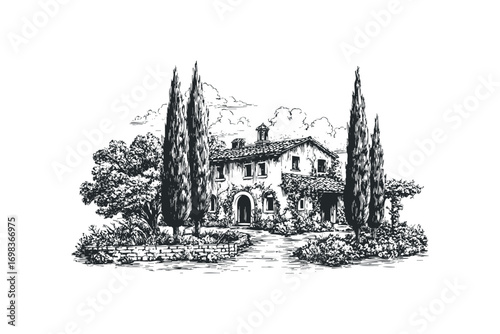 Line drawing of a charming countryside home with cypress trees and lush greenery on a transparent background