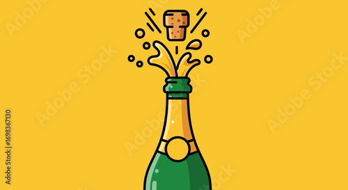 A cartoon illustration of a champagne bottle with cork popping and liquid spraying upwards.