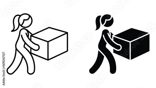 Vector art of woman carrying a box stick figure illustration of a person lifting and moving a cardboard package with effort