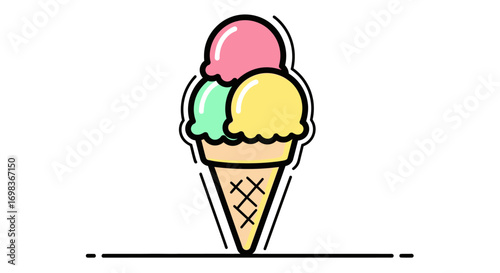 Cartoon illustration of a waffle cone with three scoops of different flavored ice cream.