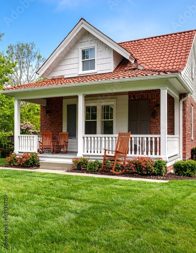 A charming home with a porch and manicured lawn.  Front view of a traditional house