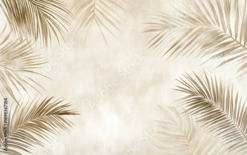 Stylish design featuring golden palm leaves against a light beige background, ideal for tropical themes and summer vibes.