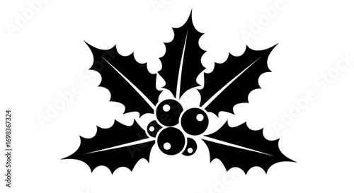Stylized black and white illustration of holly leaves and berries.