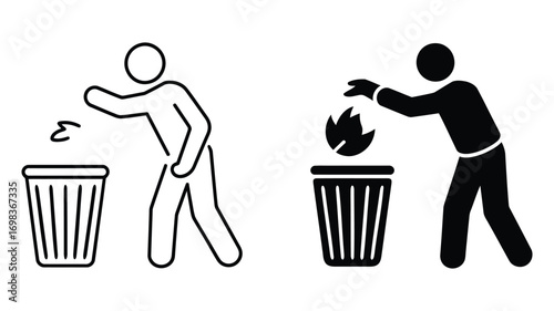 Vector Illustration of a person throwing trash into a bin, shown in different styles line art and silhouette