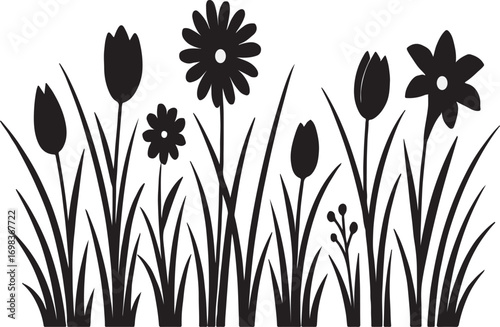  grass line with spring flower design silhouette style pro vector with white background