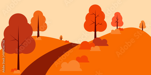 Autumn landscape with a path through the mountains and yellow and orange trees. Perfect for posters, banners, and seasonal event greeting cards. Vector