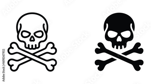 Vector art of skull and crossbones icon in two styles, representing danger, warning, and pirate themes for various designs