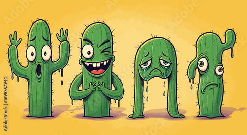 Four cartoon cacti with different facial expressions and emotions on display.