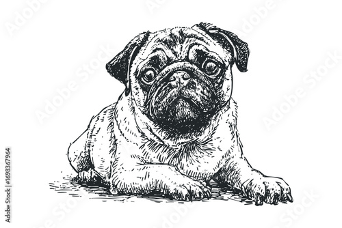 Pen and ink sketch of a pug dog lying down on transparent background