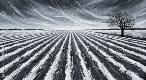 A vast, snow-covered field with distinct rows stretching towards the horizon under a dramatic sky.