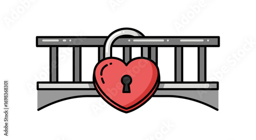 Heart-shaped padlock hanging on a bridge railing symbol of love.