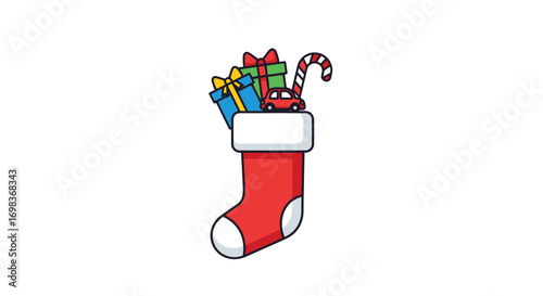 A cartoon Christmas stocking filled with presents a toy car and a candy cane.
