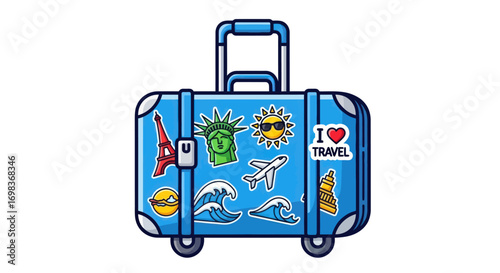 Vibrant blue suitcase adorned with iconic travel stickers ready for adventure.