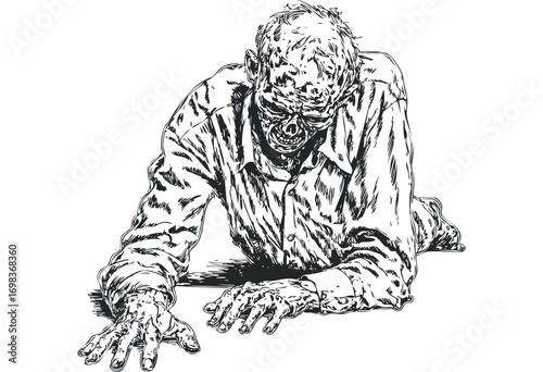 Scary zombie crawling on transparent background