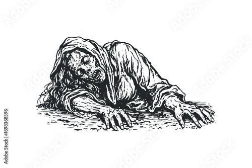 Scary zombie crawling with tattered clothes on transparent