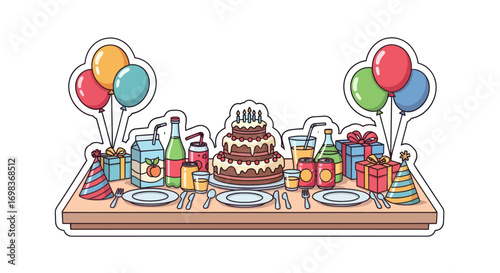 Festive Birthday Table Setting with Cake Balloons Gifts and Party Favors.